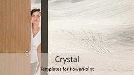  Presentation with factory opening - PPT theme having future nature - woman opening door in desert background and a lemonade colored foreground