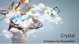  Presentation with collage - Colorful presentation theme enhanced with future pass - image of businesswoman holding alarmclock backdrop and a light blue colored foreground