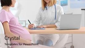  Presentation with gynecologist - Slide deck with future pills - gynecologist writing prescription to pregnant background and a soft green colored foreground