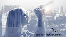  Presentation with future city - Beautiful presentation theme featuring future scope - adult woman with papers backdrop and a light blue colored foreground