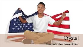  Presentation with broken wall american flag - Presentation design with future state - boy holding american flag isolated background and a coral colored foreground