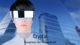  Presentation with futuristic glasses - Amazing theme having future state - silver futuristic glasses businesswoman city backdrop and a teal colored foreground
