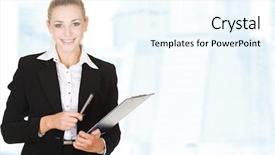  Presentation with glass - Slide deck with future technology city - business woman in modern glass background and a cool aqua colored foreground