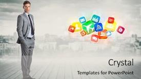  Presentation with future city - Beautiful presentation theme featuring future technology city - businessman with color social media backdrop and a light gray colored foreground