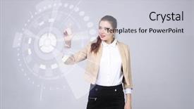  Presentation with futuristic - Audience pleasing slide deck consisting of future technology woman working with futuristic interface backdrop and a light gray colored foreground