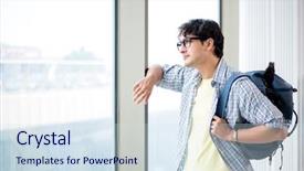  Presentation with student - Colorful PPT theme enhanced with future tourism - young handsome student standing backdrop and a sky blue colored foreground