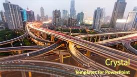  Presentation with transportation traffic - Beautiful PPT theme featuring future transportation - traffic through modern city backdrop and a tawny brown colored foreground