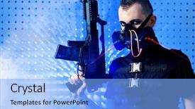  Presentation with greeiting show man - PPT theme featuring future war - shot of a conceptual man background and a light blue colored foreground