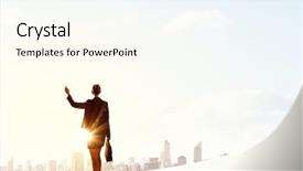  Presentation with future city - Slide deck enhanced with future work - rear view of businesswoman looking background and a cream colored foreground