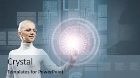  Presentation with media reporting - Slide deck having future world - woman in white touching icon background and a seafoam green colored foreground