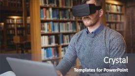  Presentation with virtual reality - Colorful slides enhanced with futuristic adult learning - mature student in virtual reality backdrop and a gray colored foreground