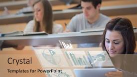  Presentation with digital university - Presentation enhanced with futuristic adult learning - pretty student in university working background and a coral colored foreground