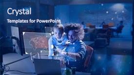  Presentation with new technology - Beautiful presentation theme featuring futuristic adult learning - two young designers are working backdrop and a ocean colored foreground