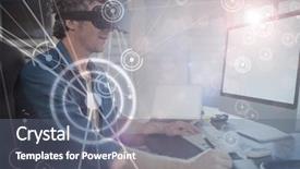  Presentation with futuristic glasses - Cool new PPT layouts with futuristic black background with circles against businessman wearing virtual glasses backdrop and a gray colored foreground