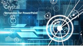  Presentation with black technology - PPT theme consisting of futuristic black background with circles against blue and black technology interface background and a ocean colored foreground