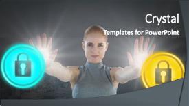  Presentation with security door lock - Presentation theme consisting of futuristic businesswoman touching security lock background and a dark gray colored foreground