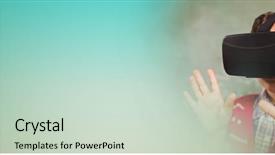  Presentation with virtual reality - PPT layouts featuring futuristic classroom - boy in virtual reality headset background and a soft green colored foreground