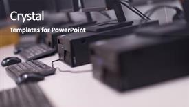  Presentation with of a computer lab - Cool new PPT theme with futuristic classroom - computer lab neatly placed rows backdrop and a dark gray colored foreground