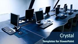  Presentation with peacock blue coloured for corporate - Theme enhanced with futuristic classroom - computers in corporate office background and a ocean colored foreground