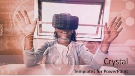  Presentation with digital image - PPT theme enhanced with futuristic classroom - illuminated various icons against technology background and a coral colored foreground