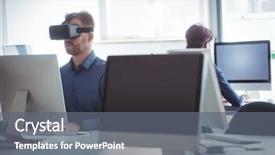  Presentation with virtual reality - Slides enhanced with futuristic classroom - mature student in virtual reality background and a gray colored foreground