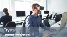  Presentation with virtual - Theme enhanced with futuristic classroom - mature student in virtual reality background and a ocean colored foreground