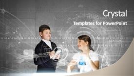  Presentation with classroom tests - Presentation theme featuring futuristic classroom - young teacher and her pupil background and a gray colored foreground