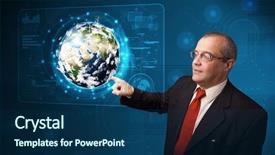  Presentation with high tech - Cool new presentation theme with businessman standing and touching high-tech 3d earth panel backdrop and a ocean colored foreground