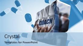  Presentation with blue abstract - Presentation design featuring futuristic drugs - businessman holding coach text background and a  colored foreground
