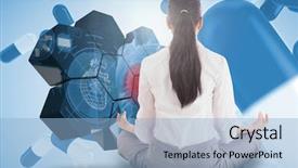  Presentation with lotus - Slide set with futuristic drugs - businesswoman sitting in lotus pose background and a light blue colored foreground