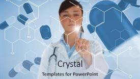  Presentation with displaying - Slide deck featuring futuristic drugs - doctor pressing touchscreen displaying chemical background and a  colored foreground