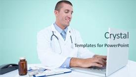  Presentation with drugs - Cool new presentation theme with futuristic drugs - doctor smiling while using laptop backdrop and a cool aqua colored foreground