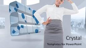  Presentation with white house roof - PPT theme having futuristic drugs - smiling thoughtful businesswoman against bright background and a  colored foreground