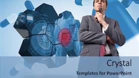  Presentation with thinking - Theme with futuristic drugs - thinking businessman holding his glasses background and a light blue colored foreground