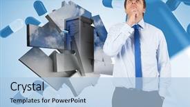  Presentation with thinking - PPT theme with futuristic drugs - thinking businessman touching his chin background and a  colored foreground