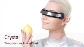  Presentation with cyber cybersecurity be aware - Slides enhanced with futuristic female android - cyber woman with fresh lemon background and a  colored foreground