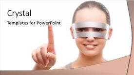  Presentation with teen girl tech - PPT theme consisting of futuristic female android - techno girl pressing virtual button background and a white colored foreground