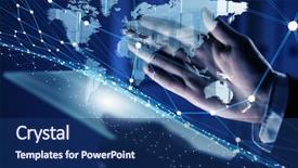  Presentation with virtual hand - Amazing slide deck having social networking service - businessman hand holding virtual panel backdrop and a ocean colored foreground