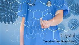  Presentation with displaying - Presentation theme consisting of futuristic health - doctor pressing touchscreen displaying chemical background and a light blue colored foreground