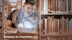 Presentation with digital university - Colorful PPT layouts enhanced with futuristic interface in university library backdrop and a tawny brown colored foreground