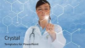  Presentation with displaying - PPT theme consisting of futuristic medical - brunette doctor touching screen displaying background and a light blue colored foreground