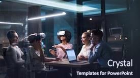  Presentation with virtual team - Cool new PPT theme with futuristic technology - multiethnic business team using virtual backdrop and a wine colored foreground