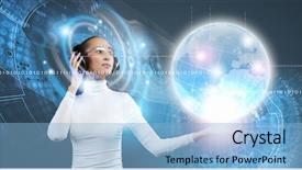  Presentation with military 3d drone hologram wireframe - PPT theme featuring futuristic technology - young pretty asian woman touching background and a light blue colored foreground