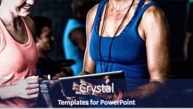  Presentation with gym - Presentation theme enhanced with futuristic wellness - smiling friends with digital tablet background and a navy blue colored foreground