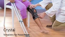  Presentation with patients - PPT theme having fysio - physiotherapist examining female patients knee background and a coral colored foreground