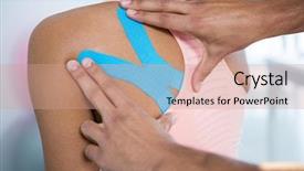  Presentation with tape - Theme with fysio - physiotherapist sticking tape on female background and a coral colored foreground