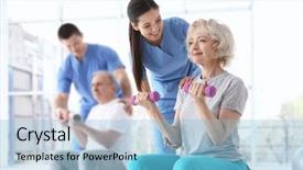  Presentation with patients - Theme having fysio - physiotherapists working with elderly patients background and a light blue colored foreground