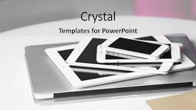  Presentation with electronic communication - Amazing PPT theme having gadgets on the table communication backdrop and a light gray colored foreground