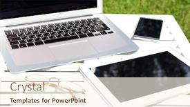  Presentation with wooden - PPT layouts having gadgets-on-wooden-table-outdoor background and a cream colored foreground