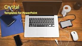  Presentation with internet service provider equipment broadband - Slides with gadgets technology - workspace with laptop and phone background and a tawny brown colored foreground